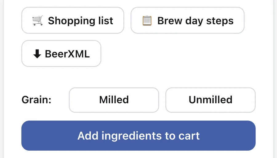 Shopping list, brew day steps and BeerXML buttons, milled or unmilled grain choice, and the Add ingredients to cart button