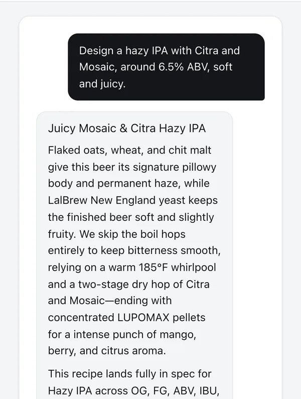 Chat with the Beer Builder: a request for a hazy IPA and the builder's reply explaining the recipe