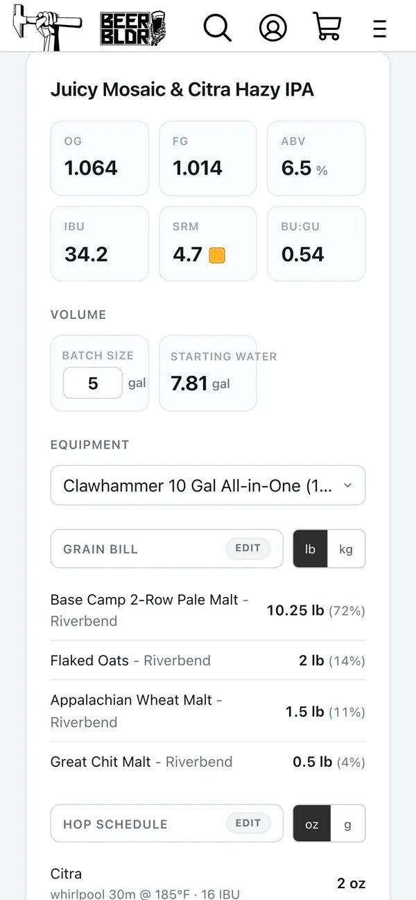 Beer Builder on a phone showing a Juicy Mosaic and Citra Hazy IPA recipe with grain bill and hop schedule