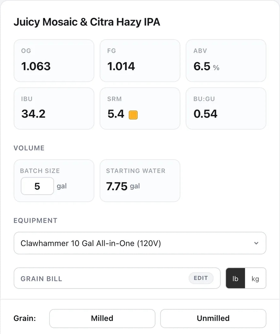 Recipe panel with OG, FG, ABV, IBU, SRM tiles, batch size, equipment and grain bill